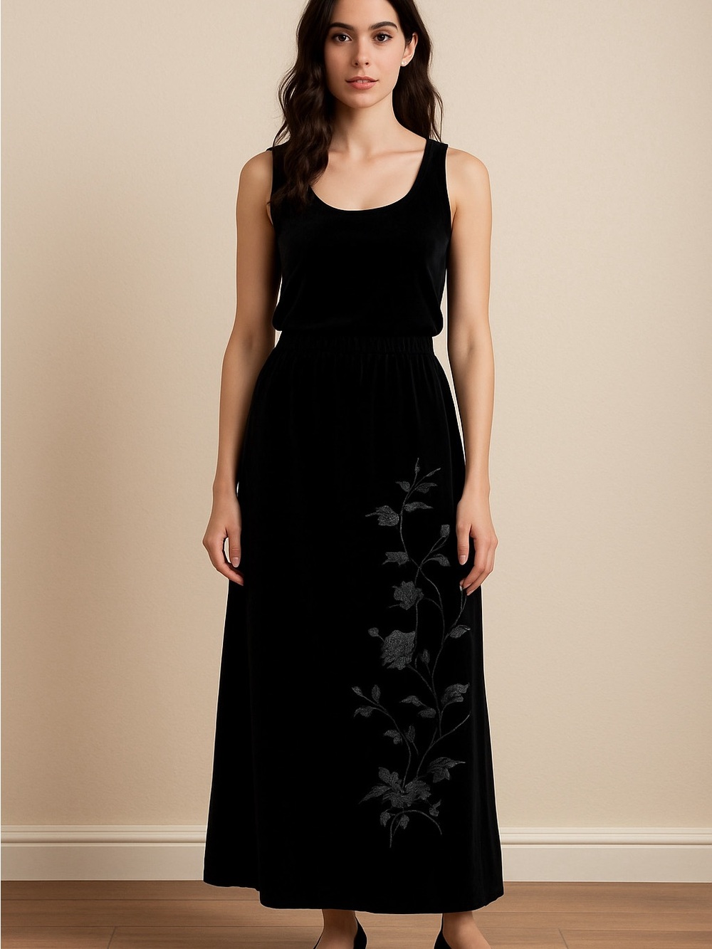 Black Velvet Womens Maxi Floral Skirt Size L Whimsigoth Renaissance 90s Y2K